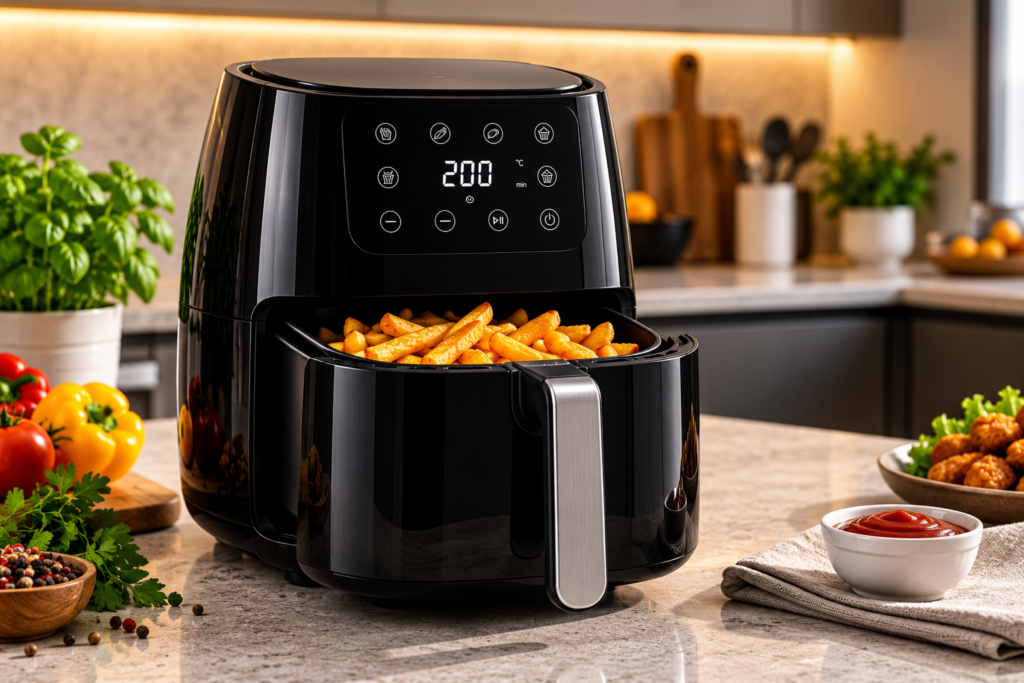 Melhores Air Fryers 2026: modelo com cesto aberto em cozinha