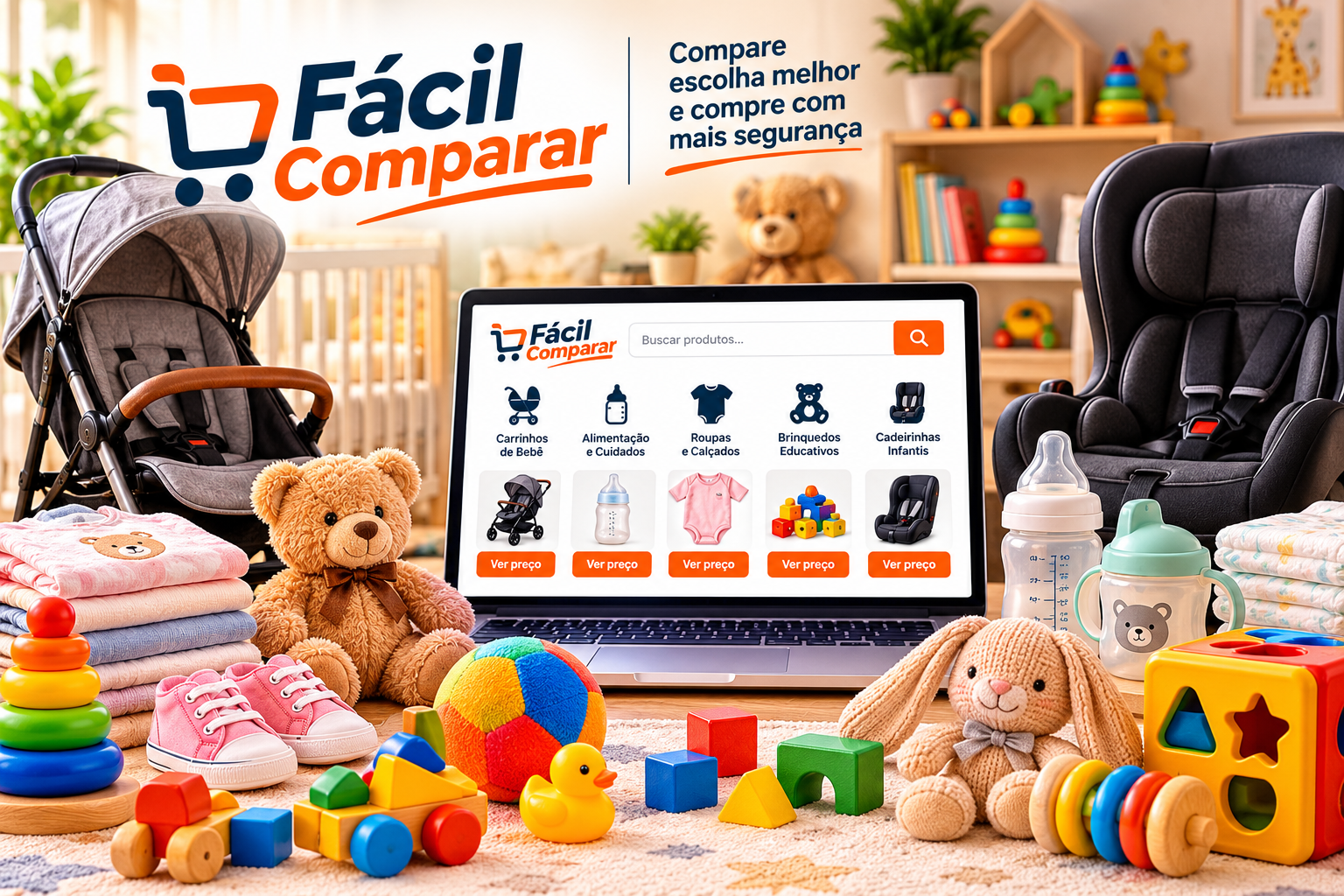 Imagem do Fácil Comparar com carrinho de bebê, cadeirinha infantil, roupas, mamadeiras e brinquedos educativos para bebês e crianças.