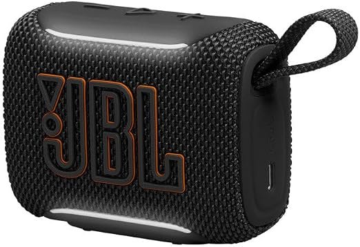 Caixa de som JBL Go 5 Bluetooth portátil preta, com alça de transporte, iluminação LED e proteção IP68 contra água e poeira.