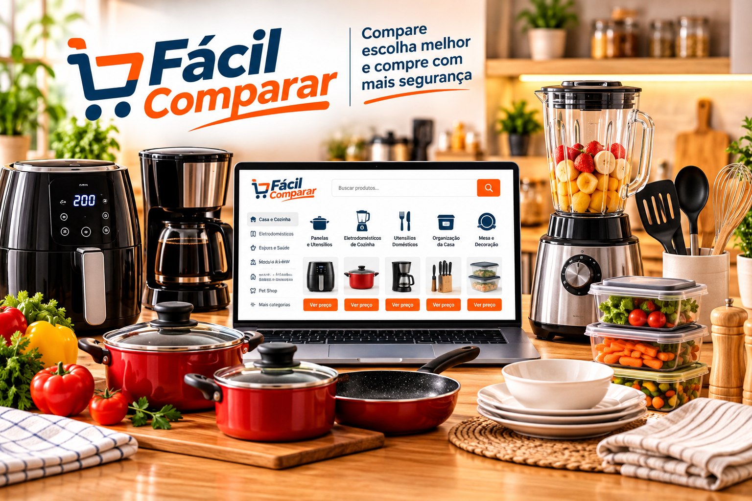 Imagem do Fácil Comparar com air fryer, cafeteira, liquidificador, panelas e utensílios de cozinha para comparação de produtos.