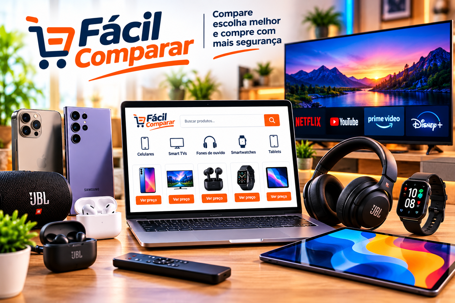 Imagem do Fácil Comparar com smartphones, Smart TV, fones de ouvido, smartwatch e tablet representando comparativos de eletrônicos.