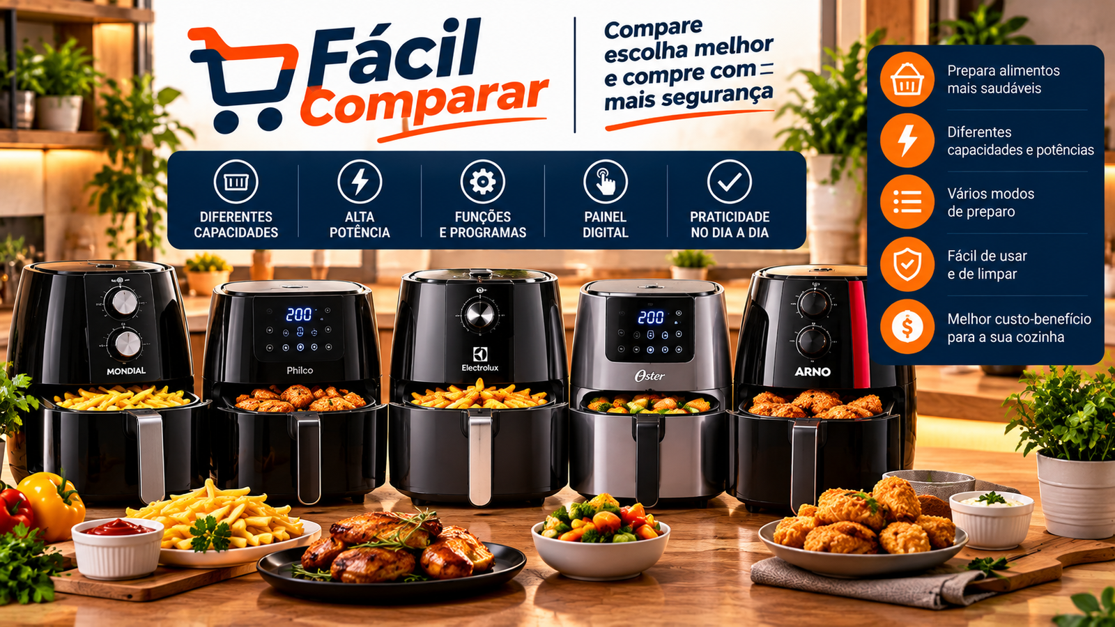 Comparativo de Air Fryers de diferentes marcas, capacidades e funcionalidades, com a identidade visual do Fácil Comparar