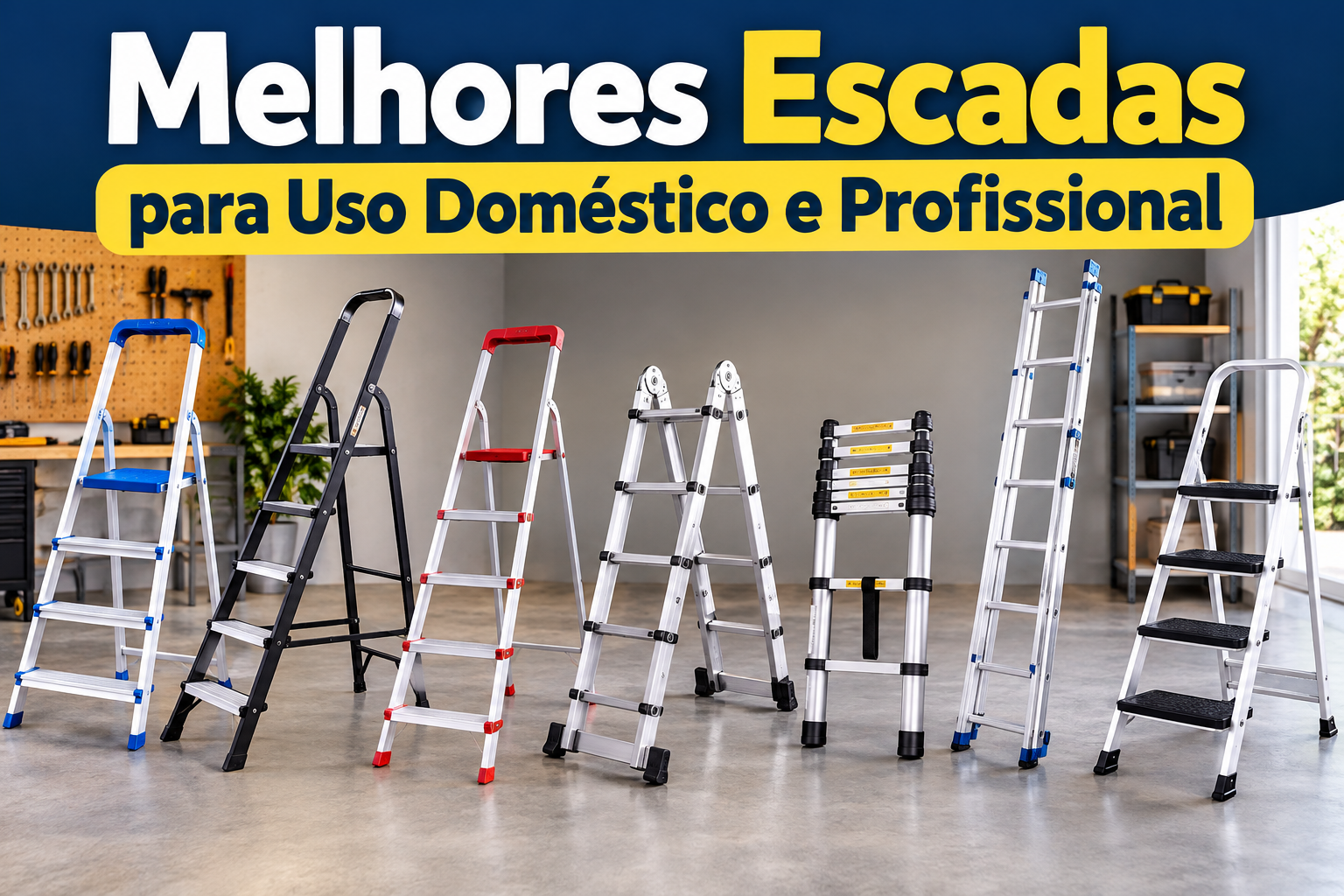 Comparativo das melhores escadas para uso doméstico e profissional, incluindo modelos dobráveis, articulados, telescópicos e extensíveis.
