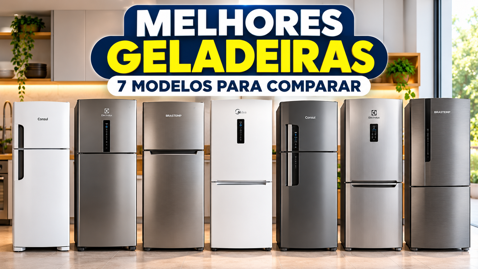 Ilustração de sete geladeiras em uma cozinha moderna para o comparativo das melhores geladeiras