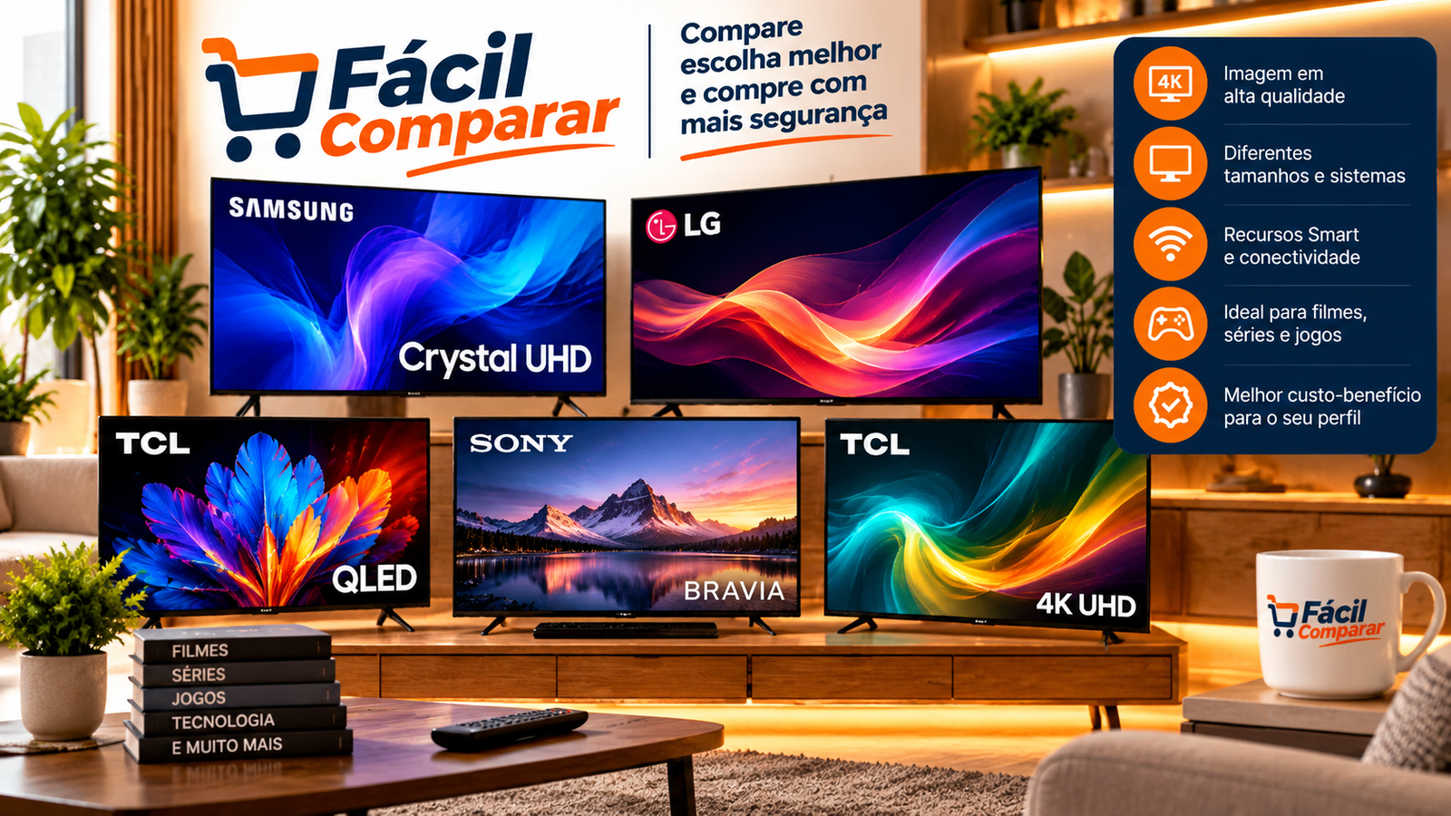 Comparativo de Smart TVs Samsung, LG, TCL e Sony com diferentes tamanhos e tecnologias e a identidade visual do Fácil Comparar