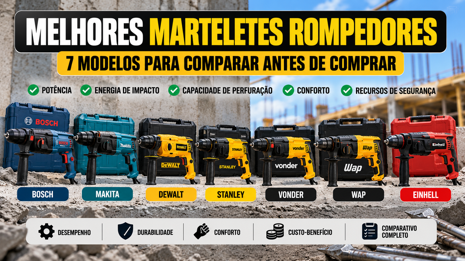 Melhores marteletes rompedores de marcas como Bosch, Makita, DeWalt, Stanley, Vonder e WAP para comparar antes de comprar.